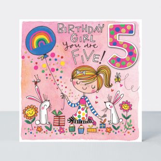 CHAT9 age 5 birthday card girl rabbits